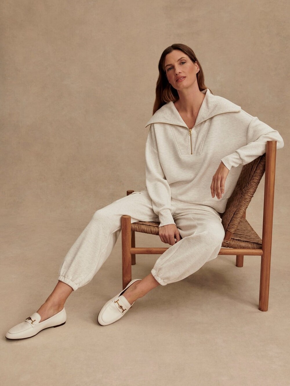 Varley Catherine Half-Zip Sweatshirt in Ivory Marl Fleck Size Xs